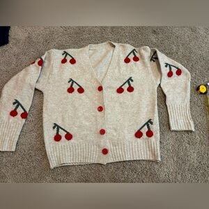 Cherry Patterned Beige Cardigan Sweater